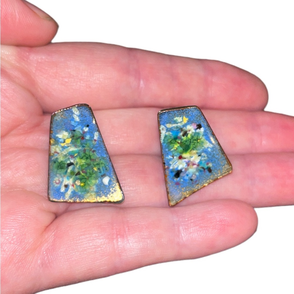 Vintage Copper Blue Abstract Enameled Screw Back Earrings